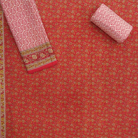 Garden Carrot Unstitched Cotton Rajasthani Suit Set With Malmal Dupatta