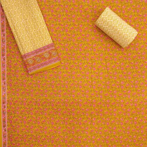 Garden Mustard Unstitched Cotton Rajasthani Suit with Malmal Dupatta