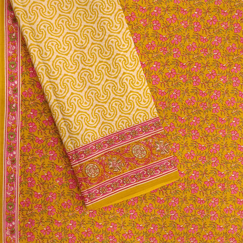 Garden Mustard Unstitched Cotton Rajasthani Suit with Malmal Dupatta