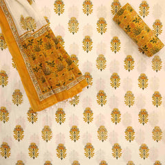 Golden Block Print Cotton Unstitched Jaipuri Suit Set With Dupatta
