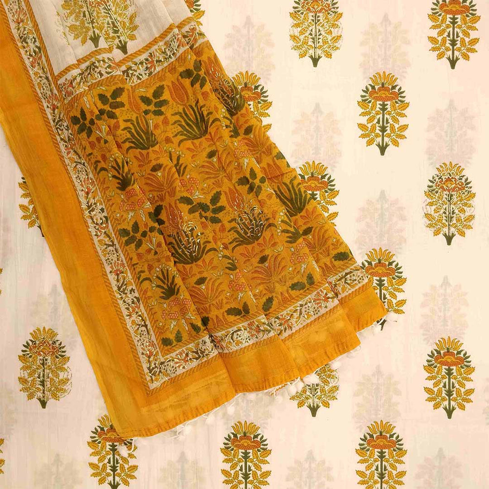 Golden Block Print Cotton Unstitched Jaipuri Suit Set With Dupatta