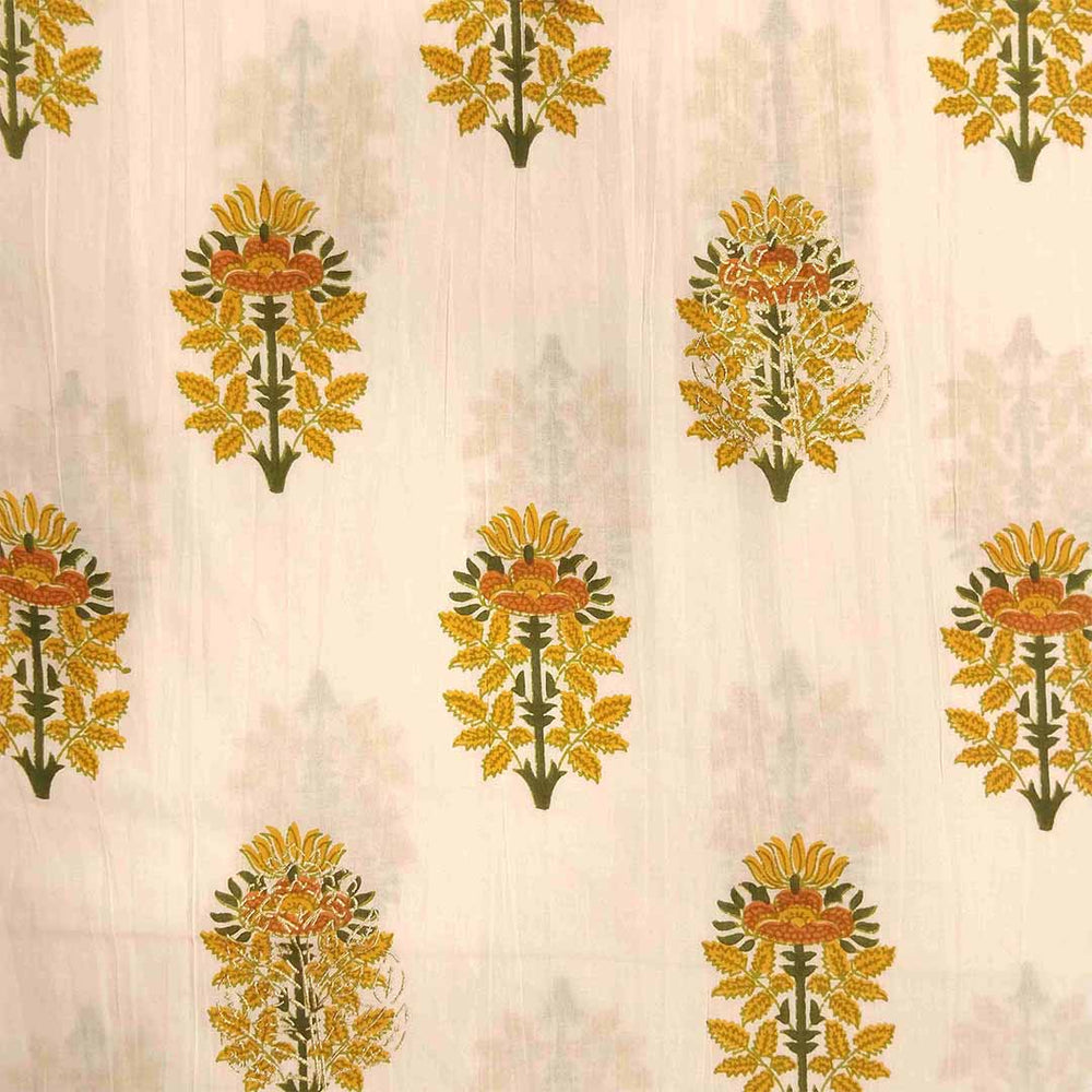 Golden Block Print Cotton Unstitched Jaipuri Suit Set With Dupatta