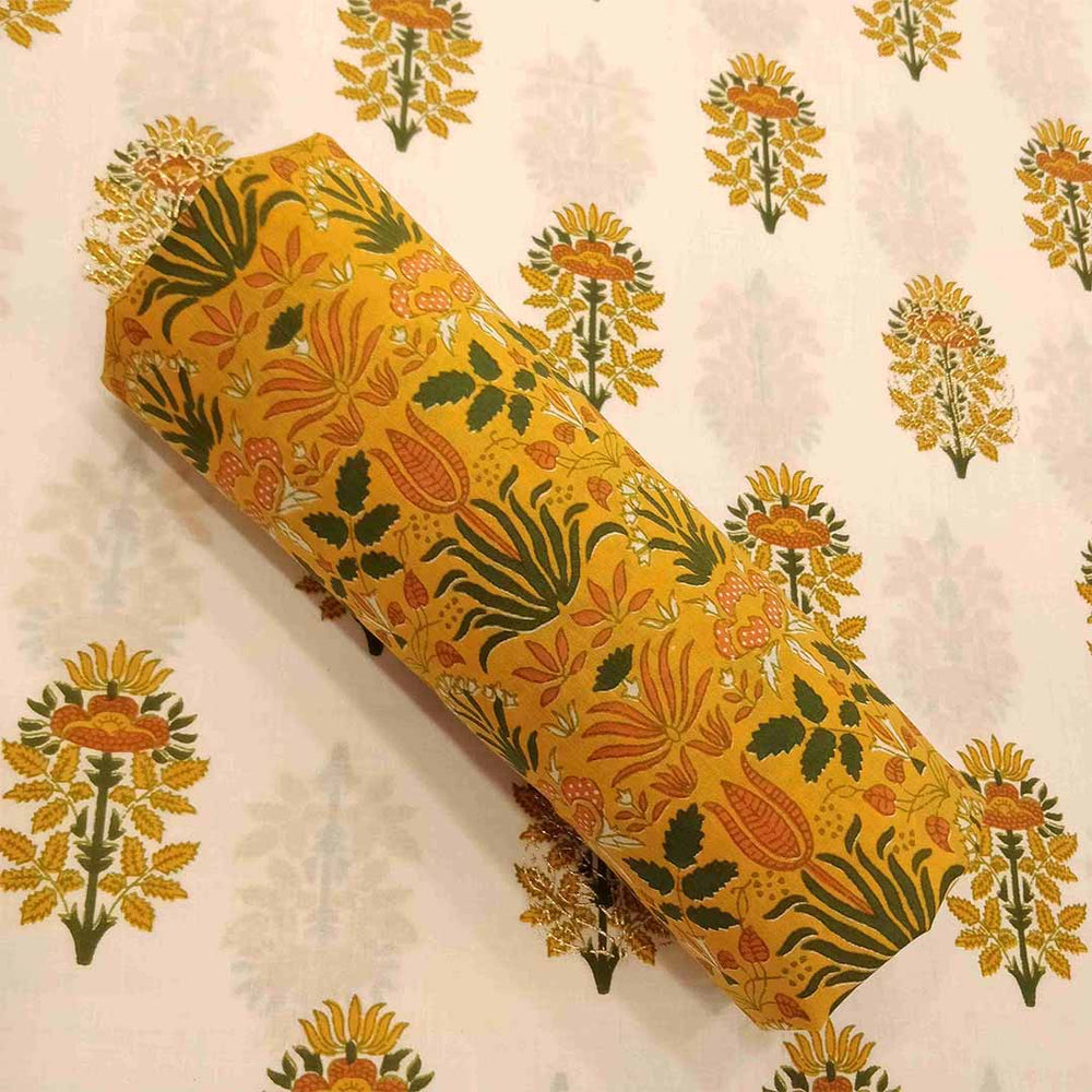 Golden Block Print Cotton Unstitched Jaipuri Suit Set With Dupatta