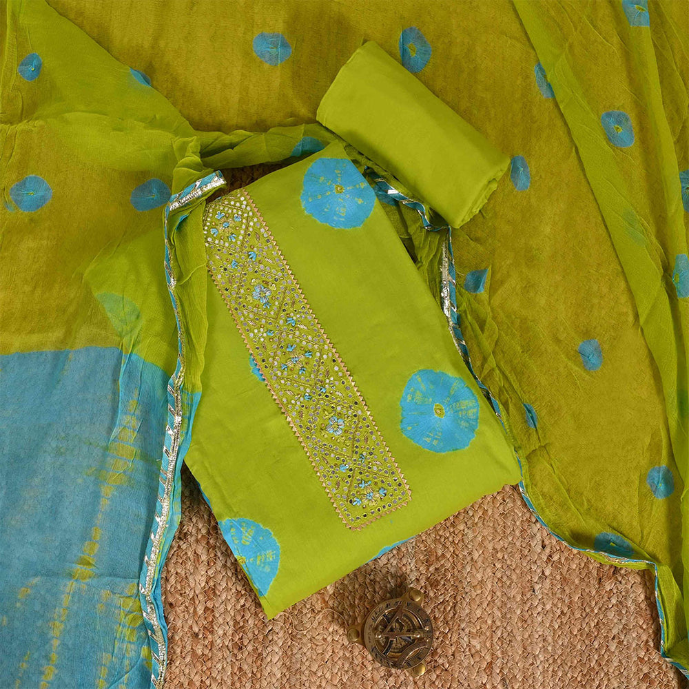 Green Firozi Bandhej Unstitched Cotton Rajasthani Salwar Suit With Chiffon Dupatta