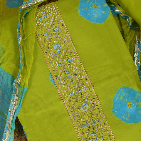 Green Firozi Bandhej Unstitched Cotton Rajasthani Salwar Suit With Chiffon Dupatta