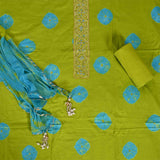 Green Firozi Bandhej Unstitched Cotton Rajasthani Salwar Suit With Chiffon Dupatta