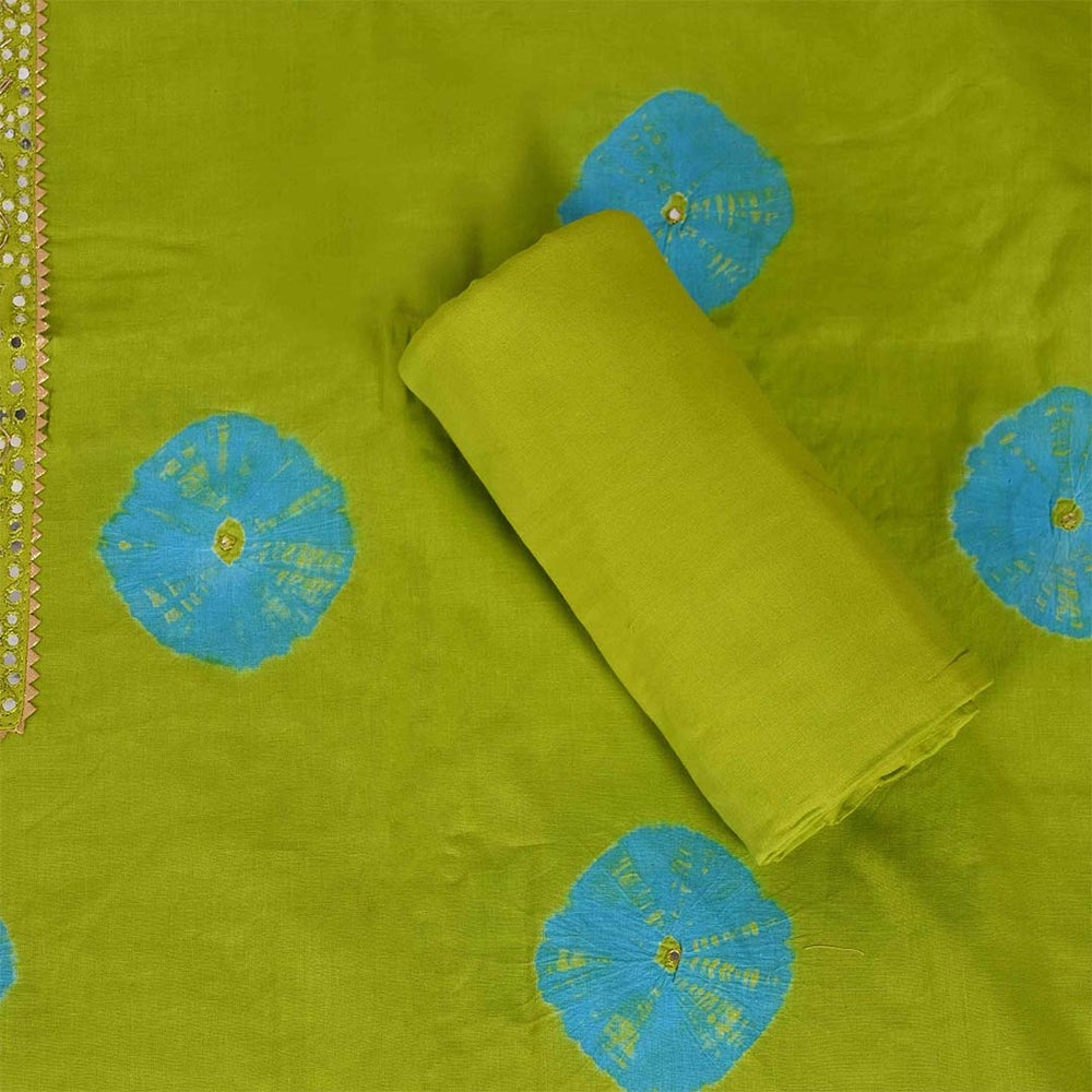 Green Firozi Bandhej Unstitched Cotton Rajasthani Salwar Suit With Chiffon Dupatta