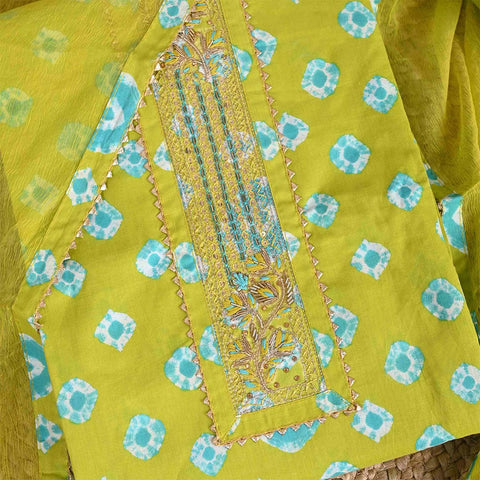 Green Firozi Bandhej Unstitched Cotton Rajasthani Suit Set With Chiffon Dupatta