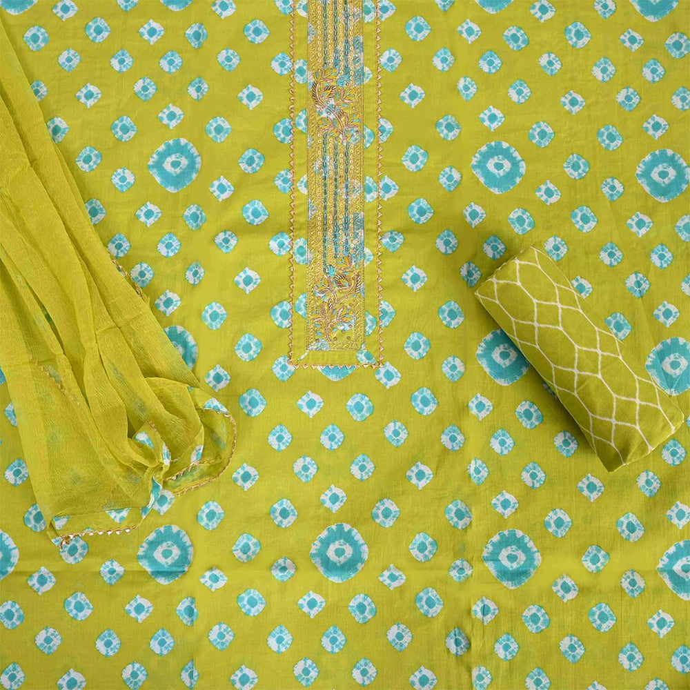 Green Firozi Bandhej Unstitched Cotton Rajasthani Suit Set With Chiffon Dupatta