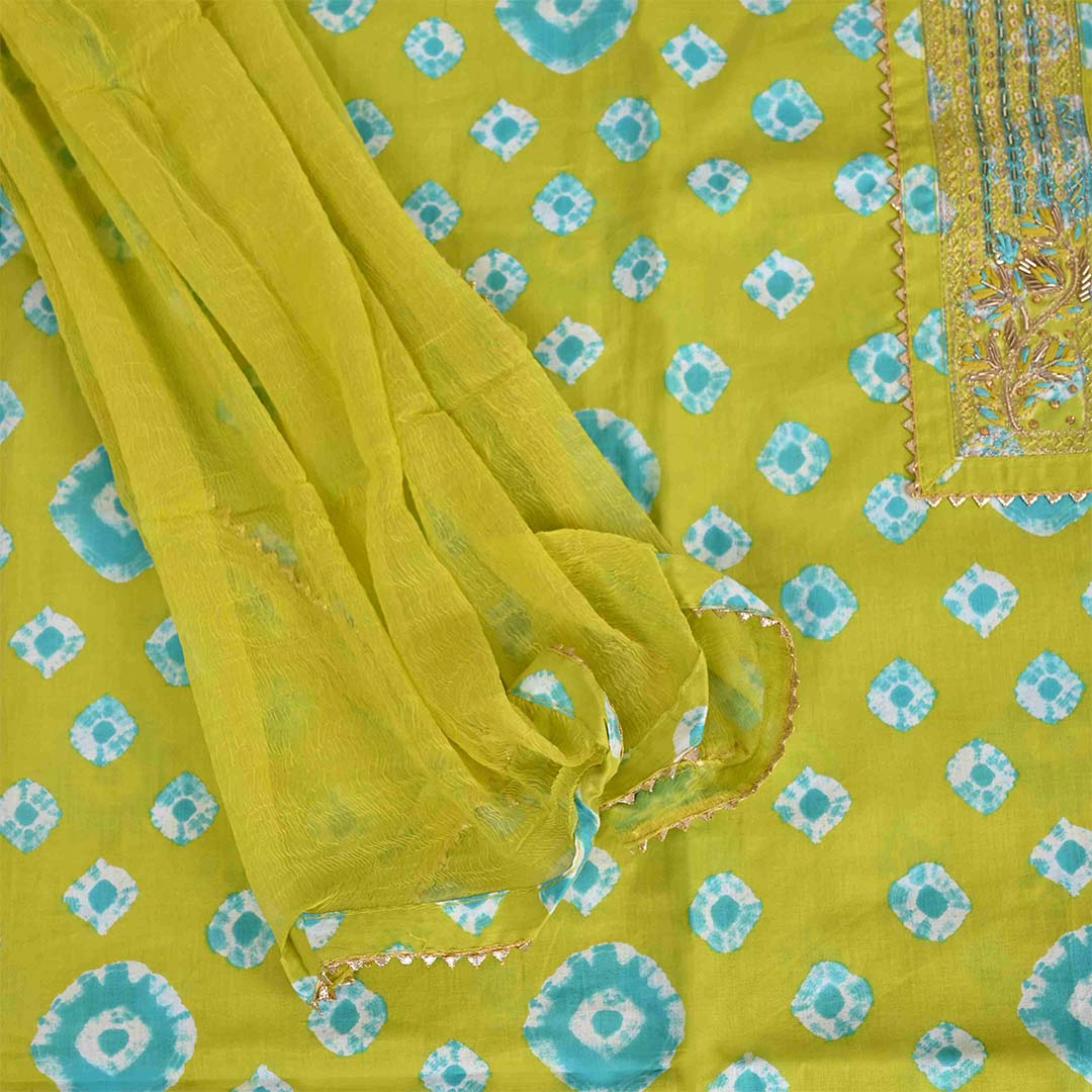 Green Firozi Bandhej Unstitched Cotton Rajasthani Suit Set With Chiffon Dupatta