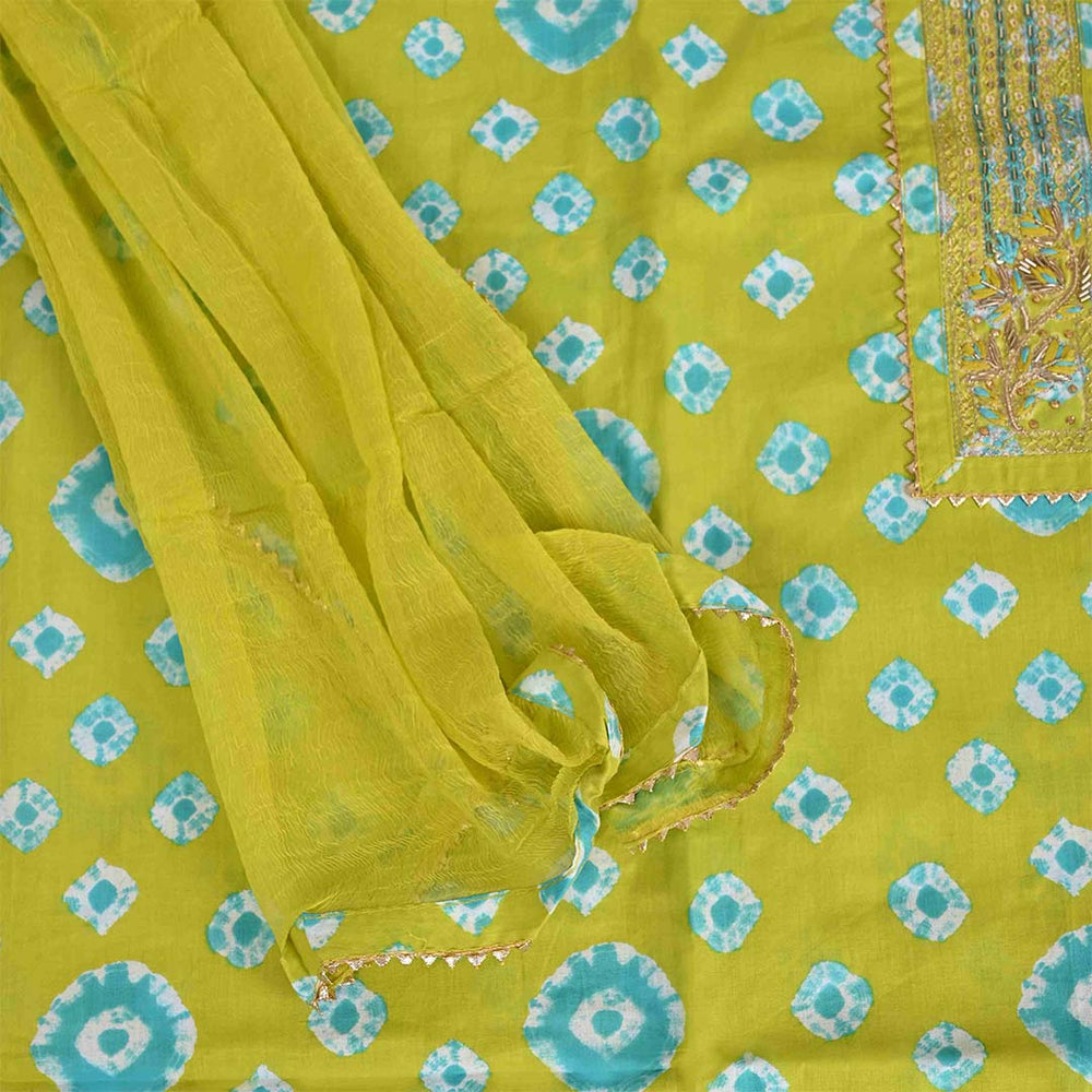 Green Firozi Bandhej Unstitched Cotton Rajasthani Suit Set With Chiffon Dupatta