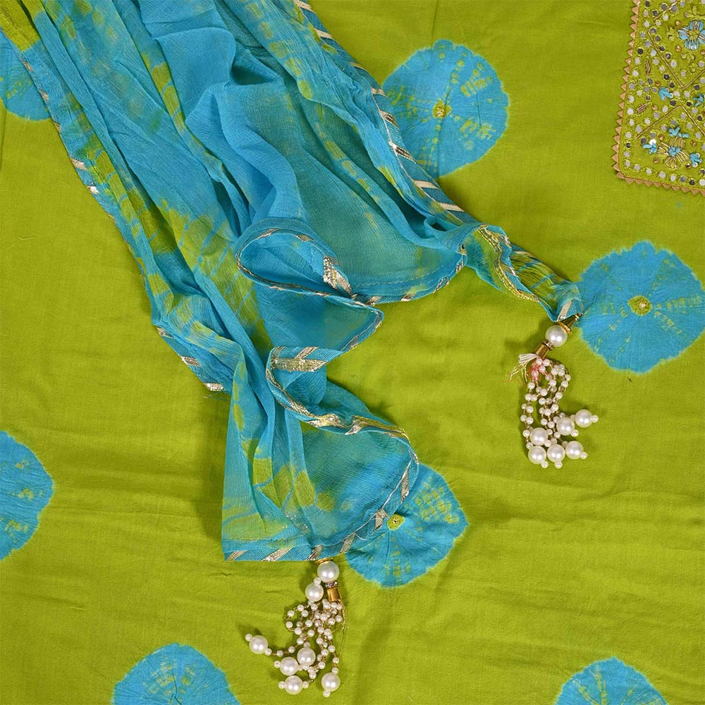 Green Firozi Bandhej Unstitched Cotton Rajasthani Salwar Suit With Chiffon Dupatta