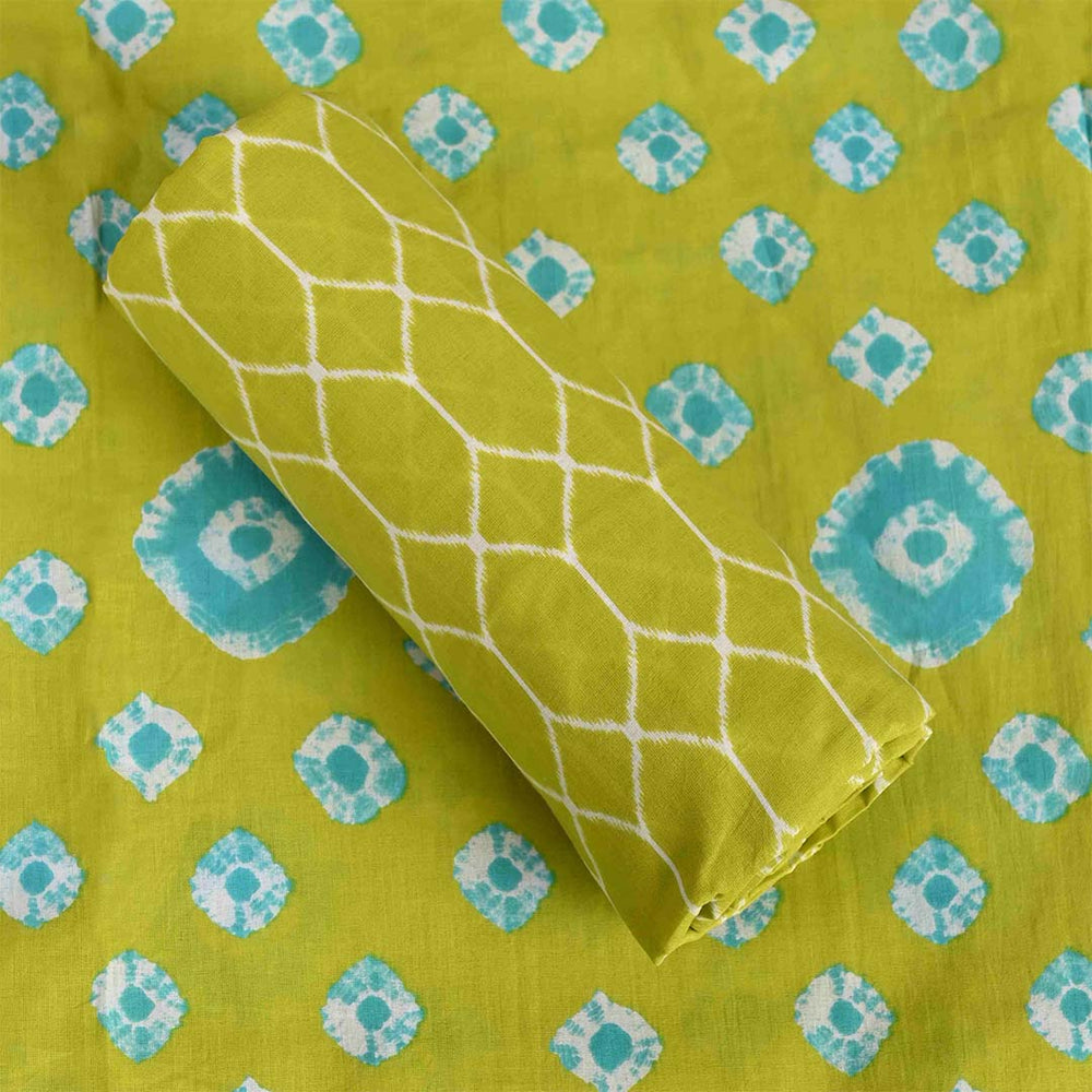 Green Firozi Bandhej Unstitched Cotton Rajasthani Suit Set With Chiffon Dupatta