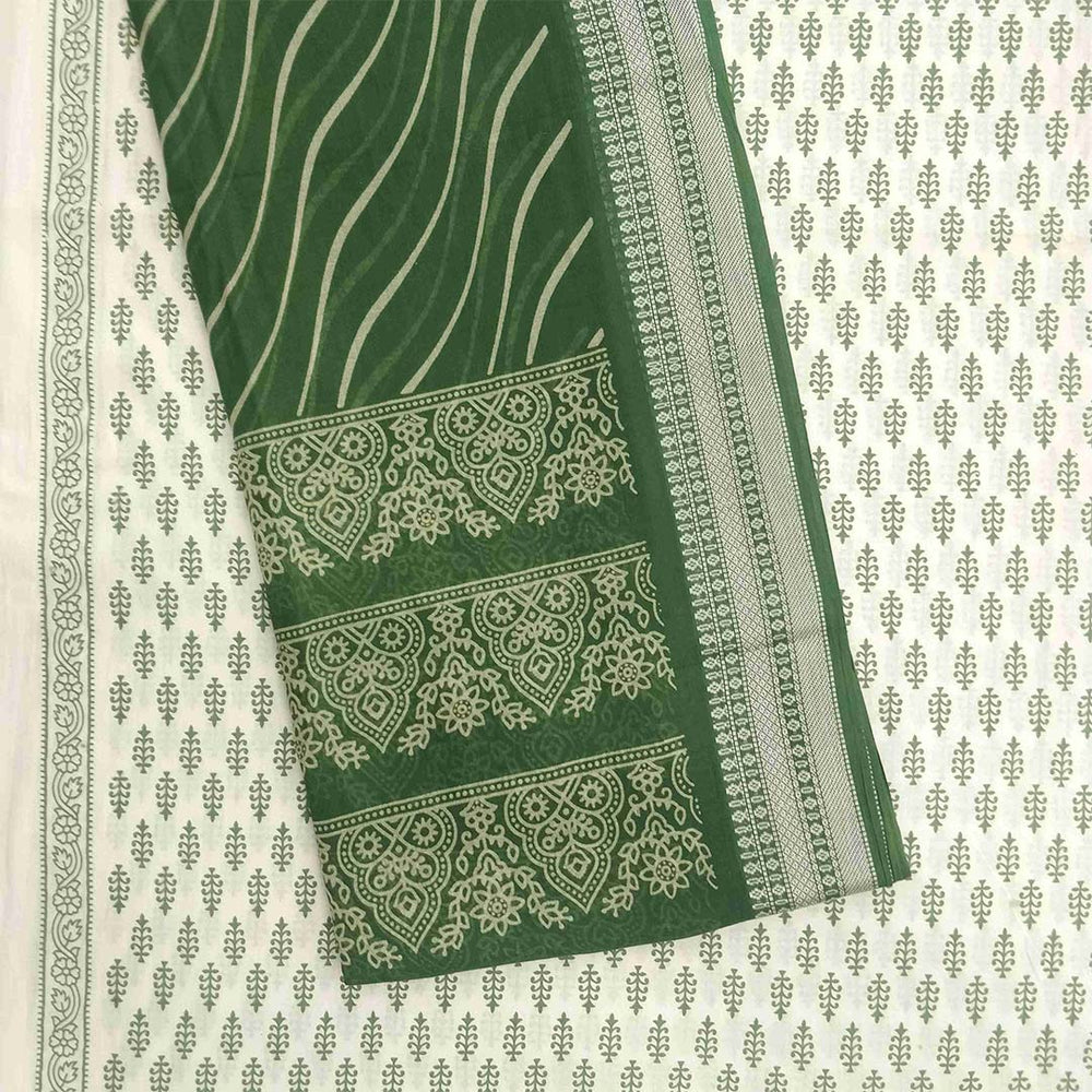 Green White Fount Unstitched Cotton Jaipuri Salwar Suit With Malmal Dupatta