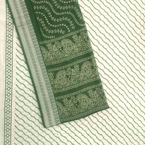 Green White Leheriya Unstitched Cotton Rajasthani Salwar Suit With Malmal Dupatta