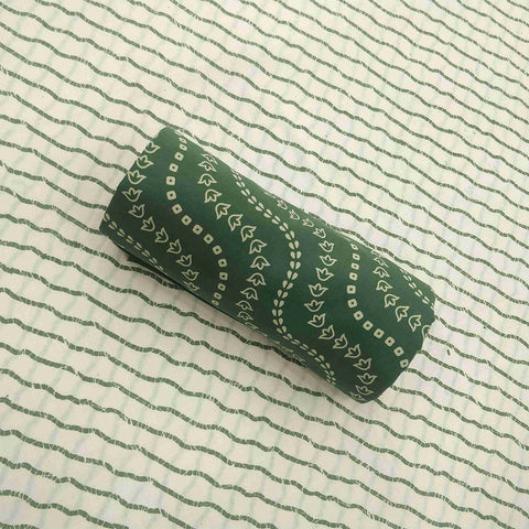 Green White Leheriya Unstitched Cotton Rajasthani Salwar Suit With Malmal Dupatta