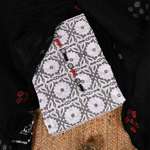 Grey Cotton Unstitched Jaipuri Salwar Suit With Chiffon Dupatta