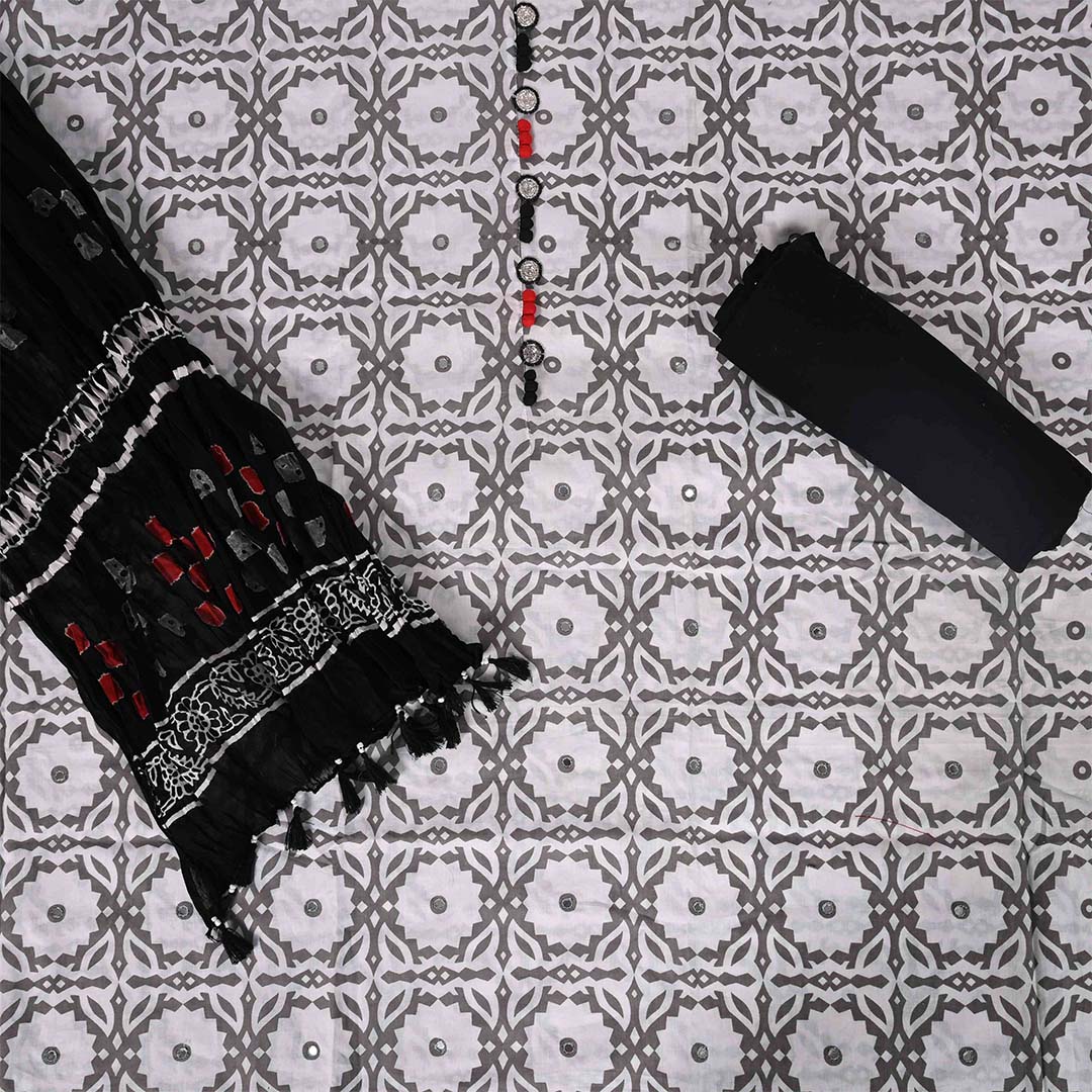 Grey Cotton Unstitched Jaipuri Salwar Suit With Chiffon Dupatta