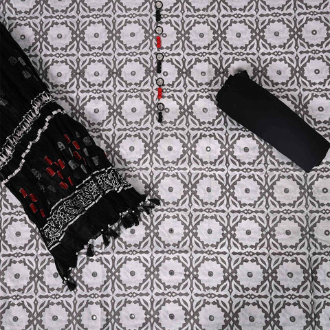 Grey Cotton Unstitched Jaipuri Salwar Suit With Chiffon Dupatta