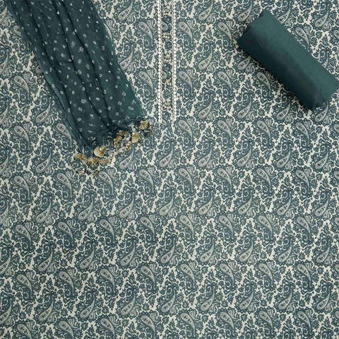 Grey Kairi Print Unstitched Cotton Rajasthani Salwar Suit With Chiffon Dupatta