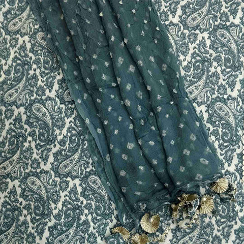 Grey Kairi Print Unstitched Cotton Rajasthani Salwar Suit With Chiffon Dupatta