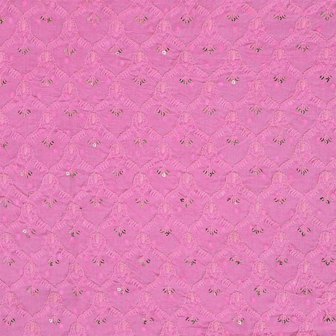 Hot Pink Embroidery Unstitched Jaipuri Cotton Suit Set Chiffon Dupatta