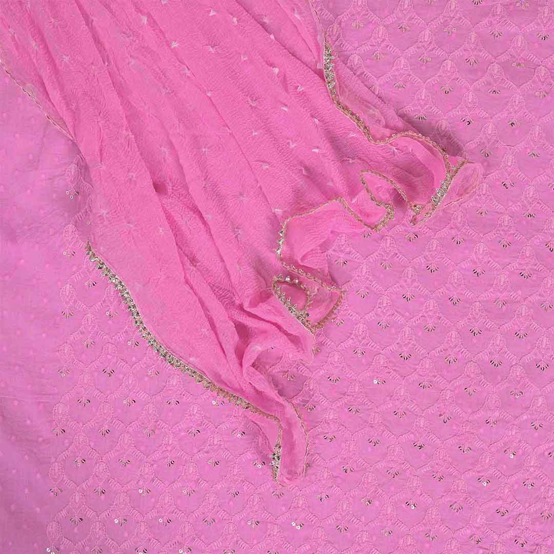 Hot Pink Embroidery Unstitched Jaipuri Cotton Suit Set Chiffon Dupatta