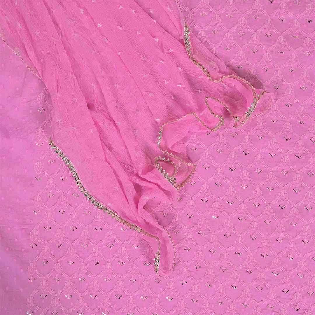 Hot Pink Embroidery Unstitched Jaipuri Cotton Suit Set Chiffon Dupatta
