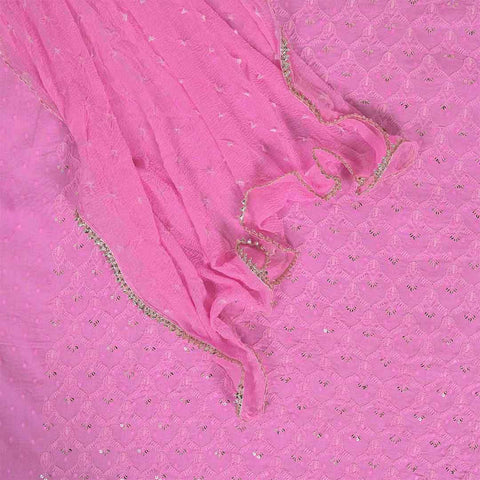 Hot Pink Embroidery Unstitched Jaipuri Cotton Suit Set Chiffon Dupatta