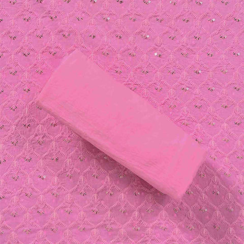 Hot Pink Embroidery Unstitched Jaipuri Cotton Suit Set Chiffon Dupatta