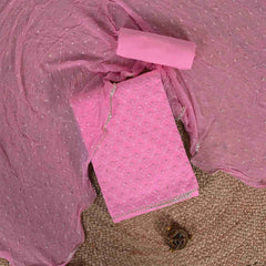 Hot Pink Embroidery Unstitched Jaipuri Cotton Suit Set Chiffon Dupatta