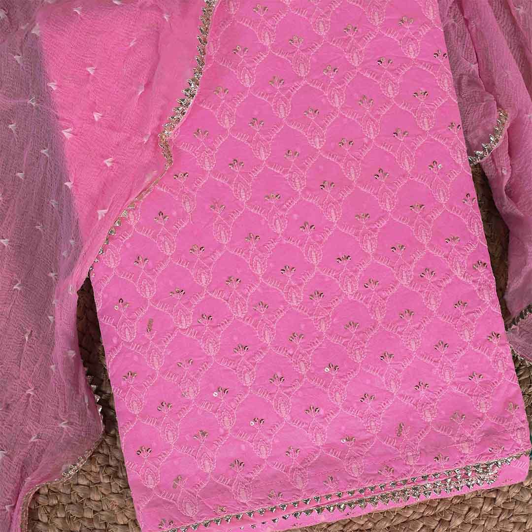 Hot Pink Embroidery Unstitched Jaipuri Cotton Suit Set Chiffon Dupatta