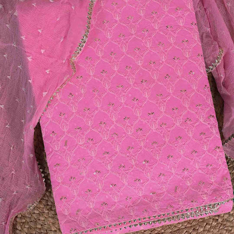 Hot Pink Embroidery Unstitched Jaipuri Cotton Suit Set Chiffon Dupatta