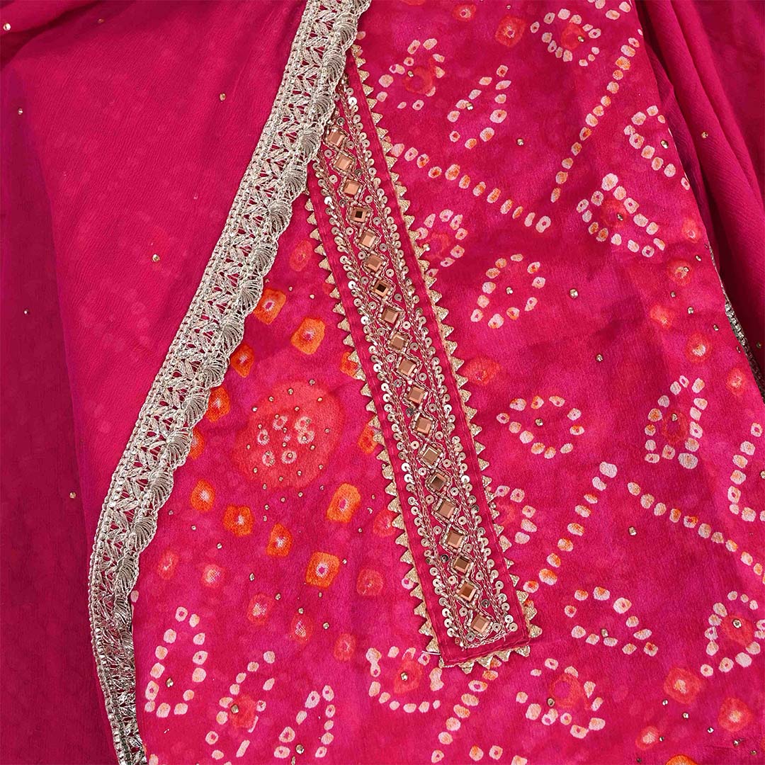 Hot Pink Ojariya Bandhej Unstitched Chinon Jaipuri Suit Set With Chiffon Dupatta