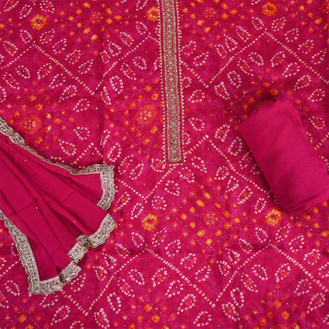 Hot Pink Ojariya Bandhej Unstitched Chinon Jaipuri Suit Set With Chiffon Dupatta