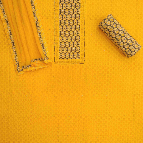 Mustard Grey Unstitched Cotton Salwar Suit With Chiffon Dupatta