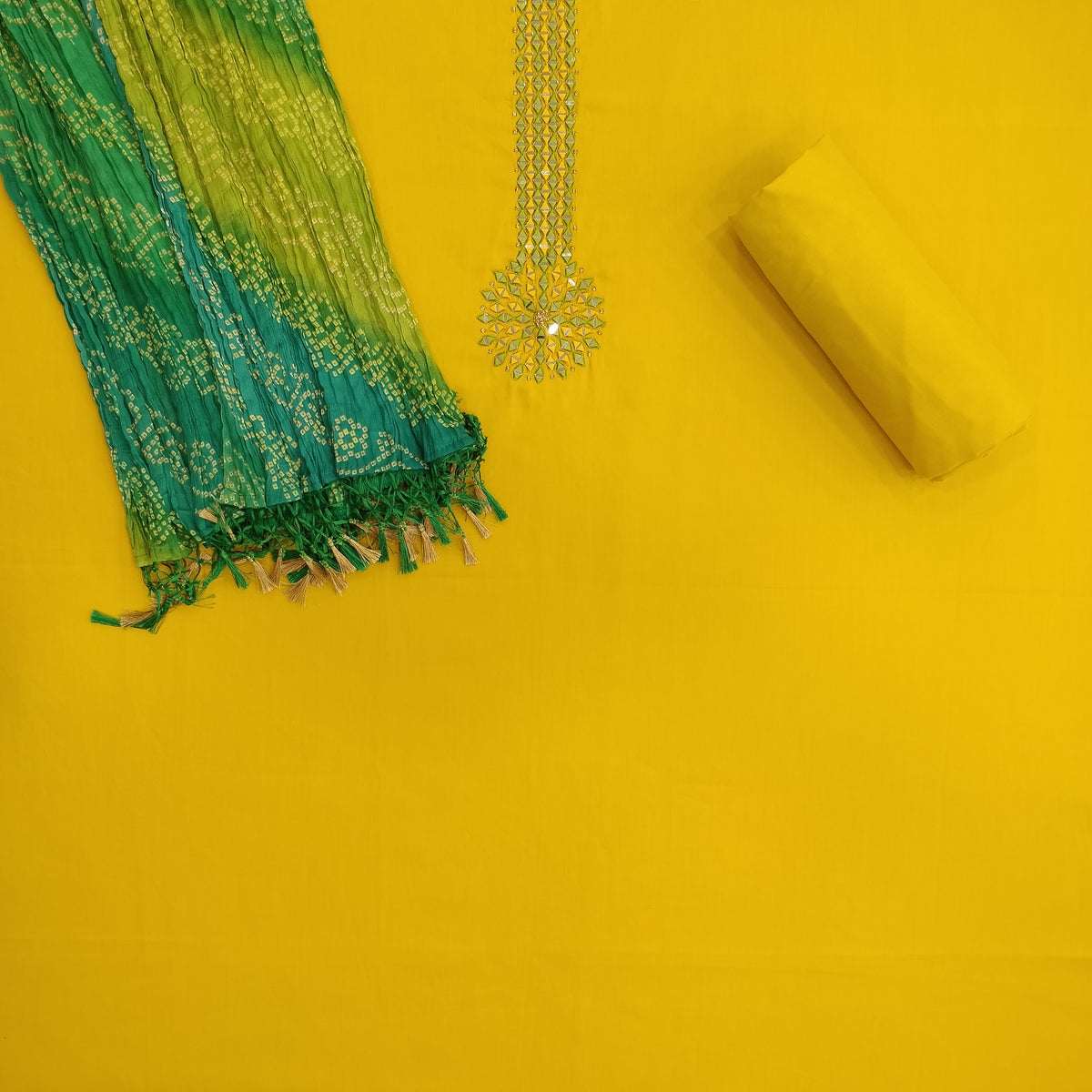 Sunflower Green Unstitched Cotton Suit Set With Muslin Silk Dupatta