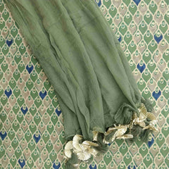 Green Grey Unstitched Muslin Suit Set With Chiffon Dupatta