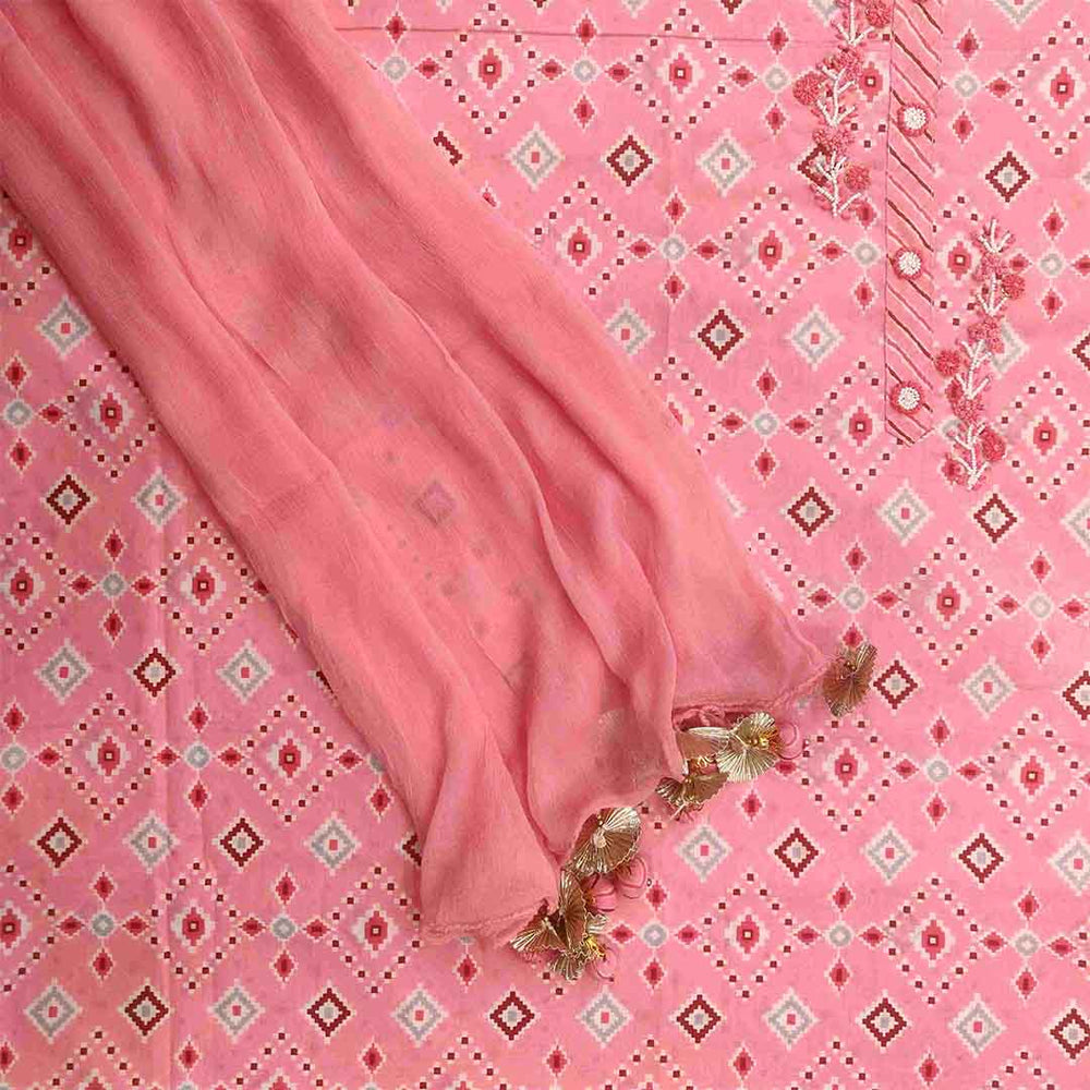 Ikat Pink Unstitched Cotton Jaipuri Salwar Suit With Chiffon Dupatta