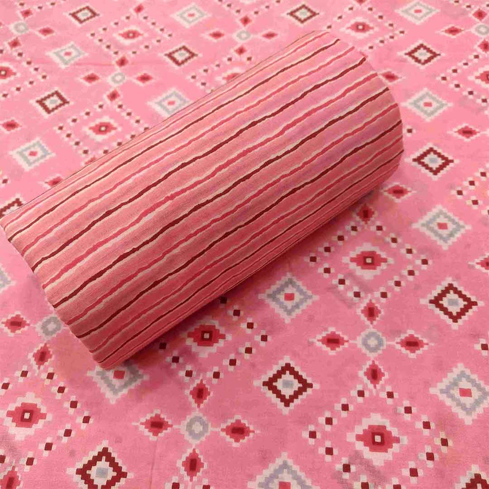 Ikat Pink Unstitched Cotton Jaipuri Salwar Suit With Chiffon Dupatta