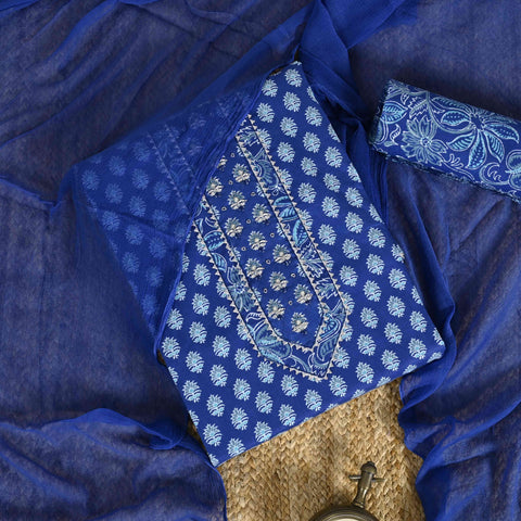 Indigo Block Print Unstitched Cotton Salwar Suit With Chiffon Dupatta