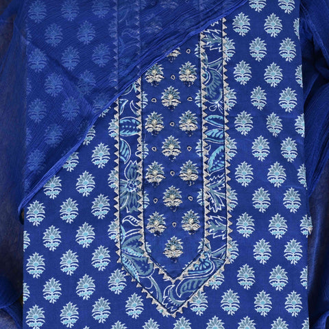Indigo Block Print Unstitched Cotton Salwar Suit With Chiffon Dupatta