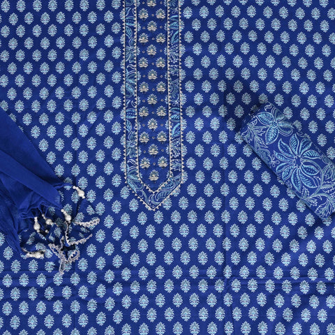 Indigo Block Print Unstitched Cotton Salwar Suit With Chiffon Dupatta