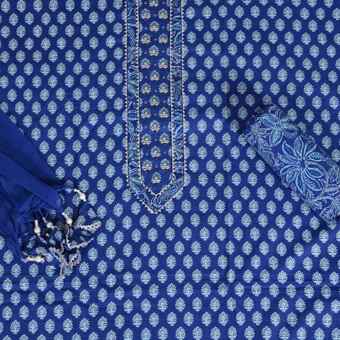 Indigo Block Print Unstitched Cotton Salwar Suit With Chiffon Dupatta