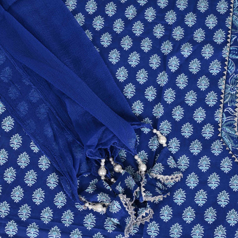 Indigo Block Print Unstitched Cotton Salwar Suit With Chiffon Dupatta