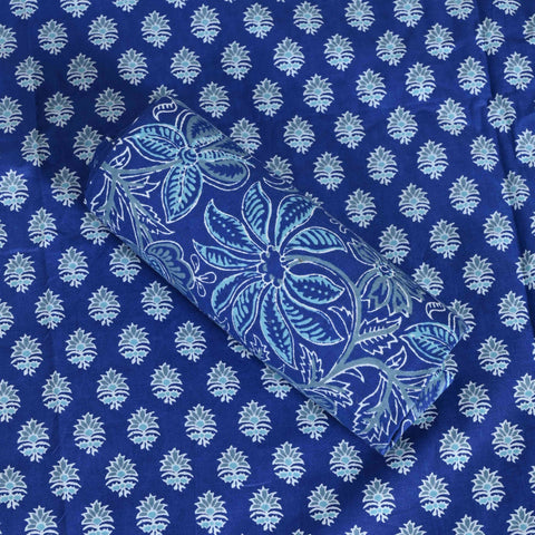 Indigo Block Print Unstitched Cotton Salwar Suit With Chiffon Dupatta