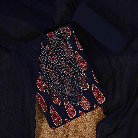 Indigo Maroon Unstitched Cotton Jaipuri Salwar Suit With Chiffon Dupatta