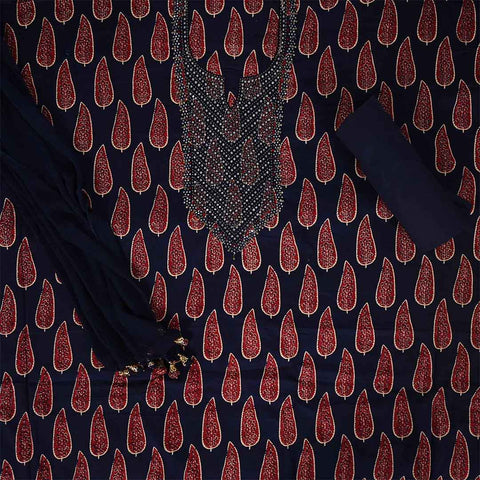 Indigo Maroon Unstitched Cotton Jaipuri Salwar Suit With Chiffon Dupatta