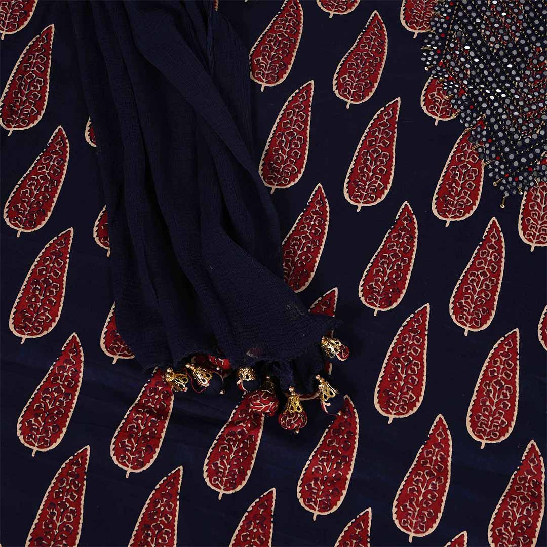 Indigo Maroon Unstitched Cotton Jaipuri Salwar Suit With Chiffon Dupatta