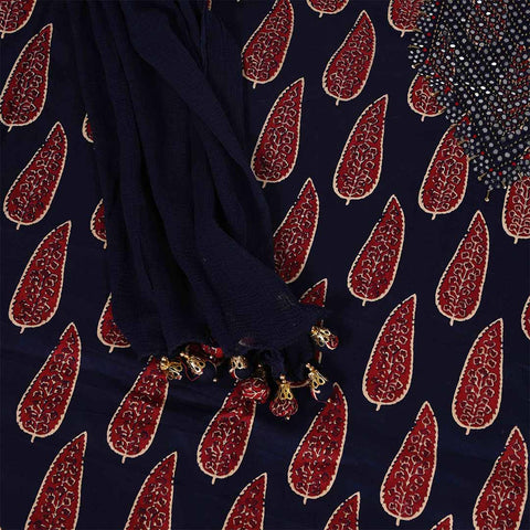 Indigo Maroon Unstitched Cotton Jaipuri Salwar Suit With Chiffon Dupatta